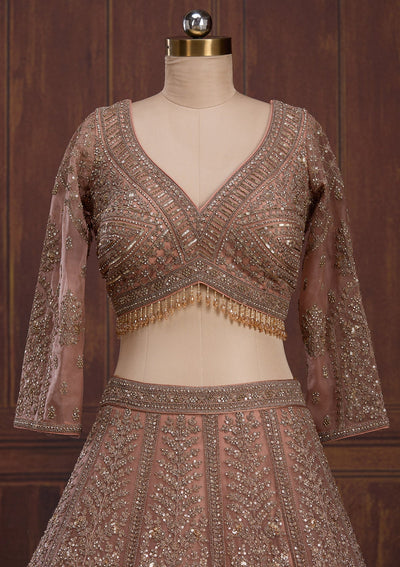 Peach Cording Net Readymade Lehenga-Koskii
