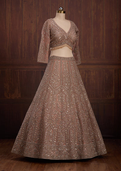 Peach Cording Net Readymade Lehenga-Koskii