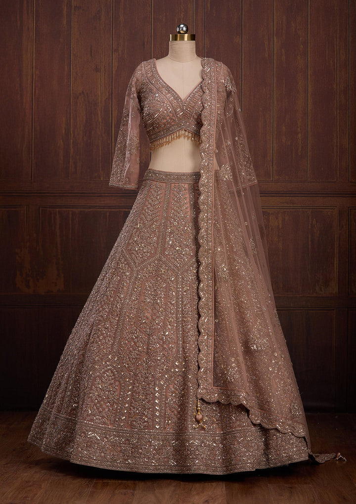 Peach Cording Net Readymade Lehenga-Koskii