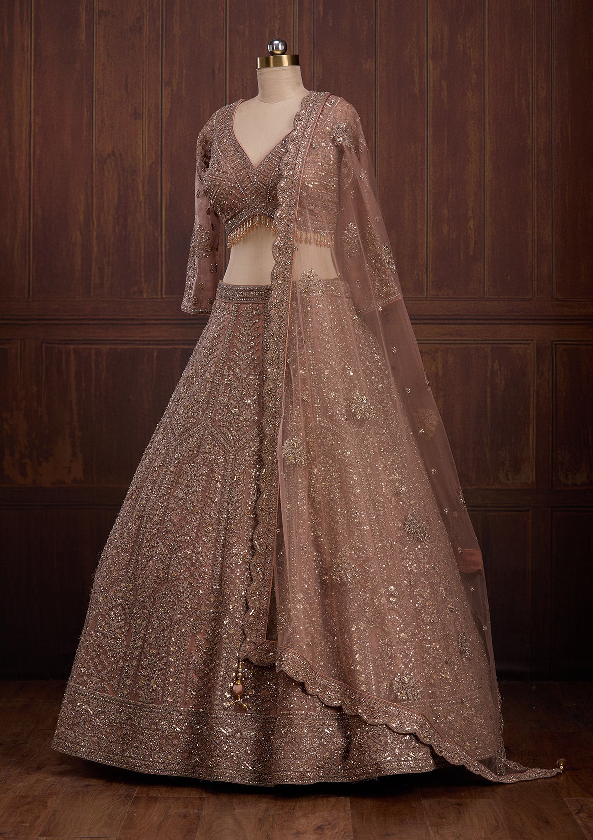 Peach Cording Net Readymade Lehenga-Koskii