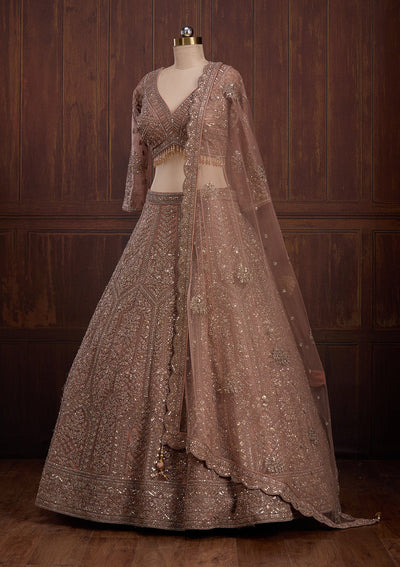 Peach Cording Net Readymade Lehenga-Koskii