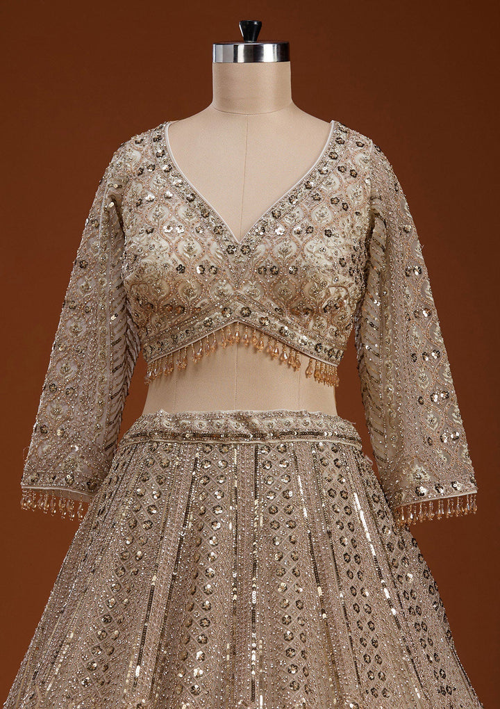 Cream Zariwork (Gold) Net Readymade Lehenga-koskii