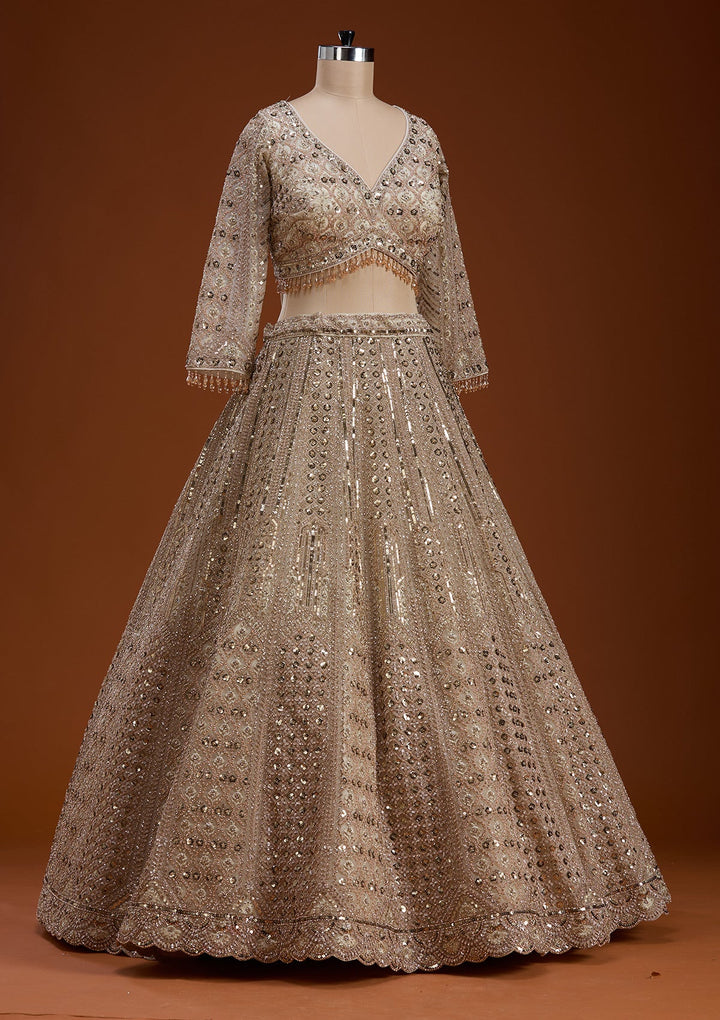Cream Zariwork (Gold) Net Readymade Lehenga-koskii