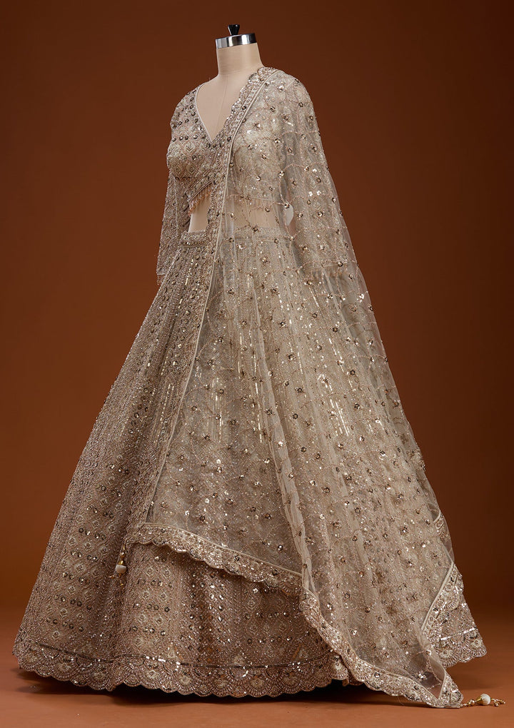 Cream Zariwork (Gold) Net Readymade Lehenga-koskii
