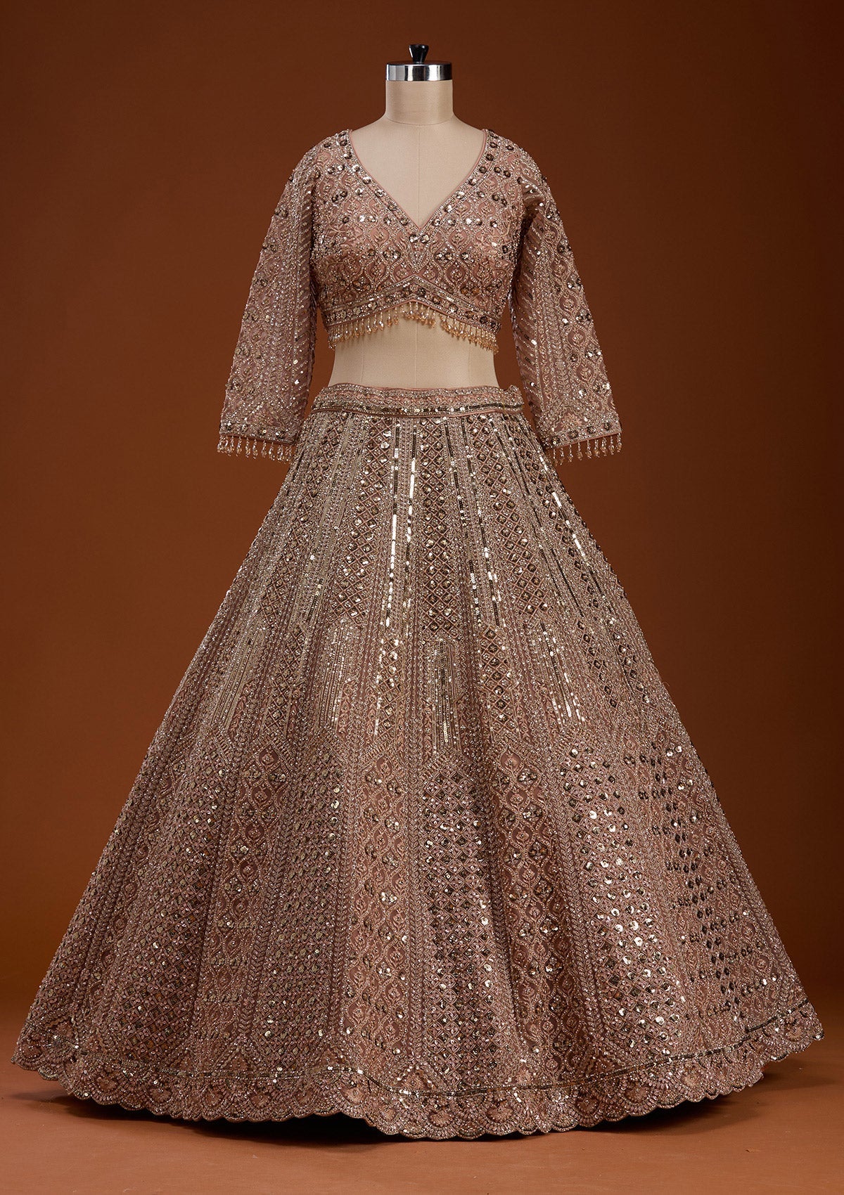 Light Peach Zariwork (Gold) Net Readymade Lehenga-koskii