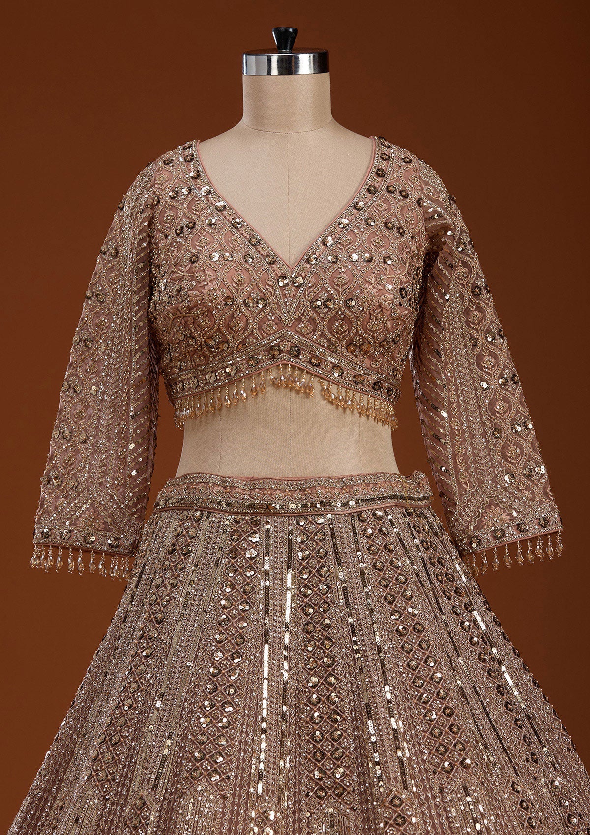 Light Peach Zariwork (Gold) Net Readymade Lehenga-koskii