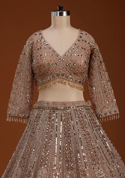Light Peach Zariwork (Gold) Net Readymade Lehenga-koskii