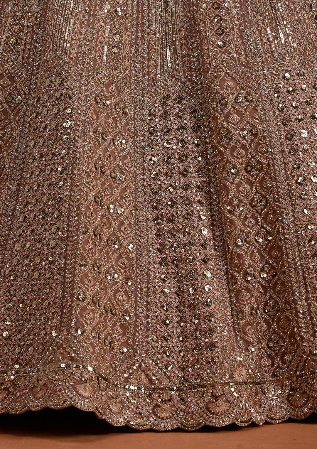 Light Peach Zariwork (Gold) Net Readymade Lehenga-koskii