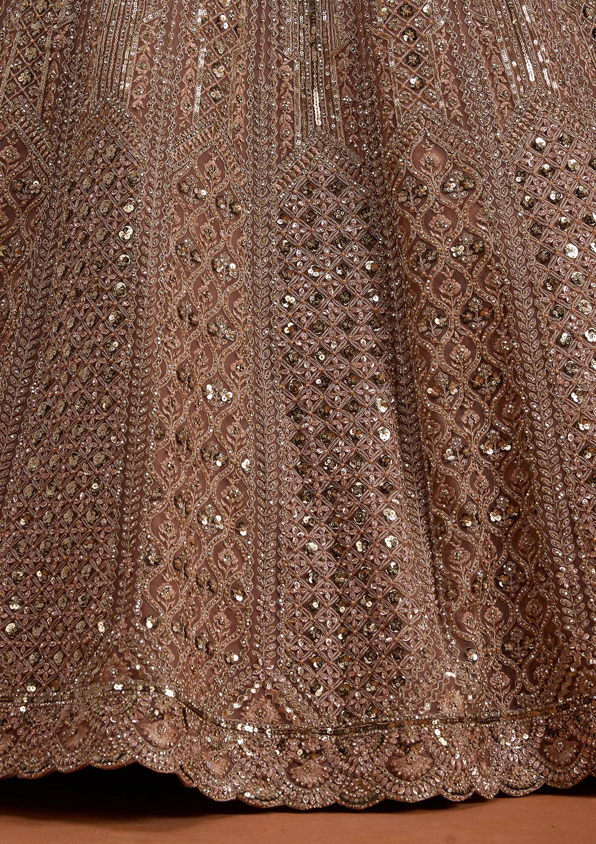Light Peach Zariwork (Gold) Net Readymade Lehenga-koskii