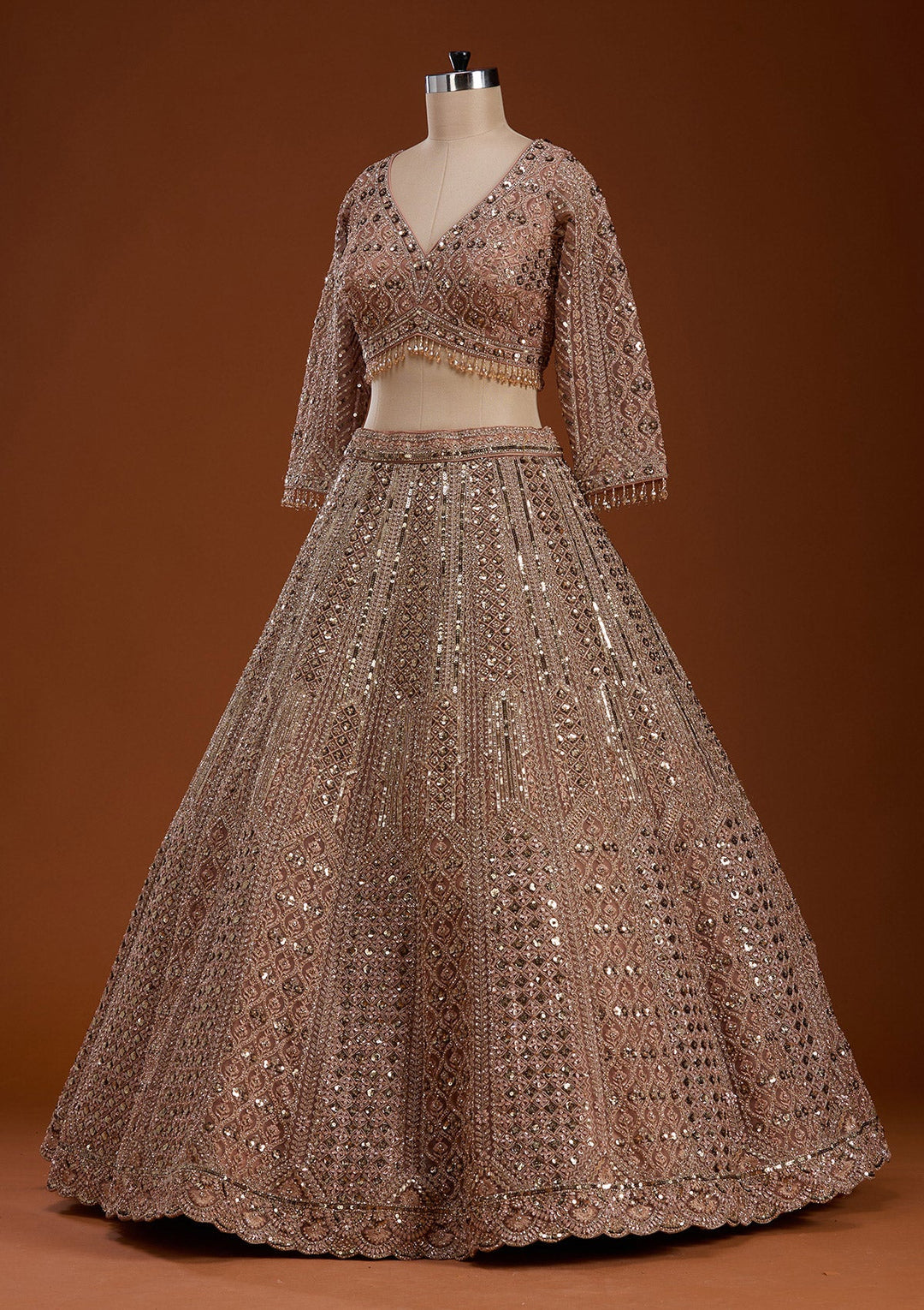 Light Peach Zariwork (Gold) Net Readymade Lehenga-koskii