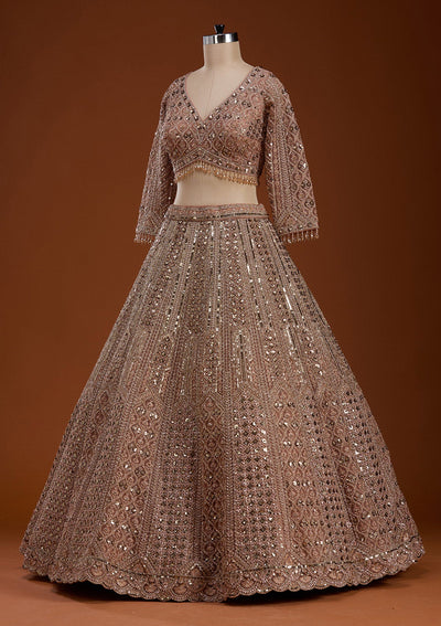Light Peach Zariwork (Gold) Net Readymade Lehenga-koskii