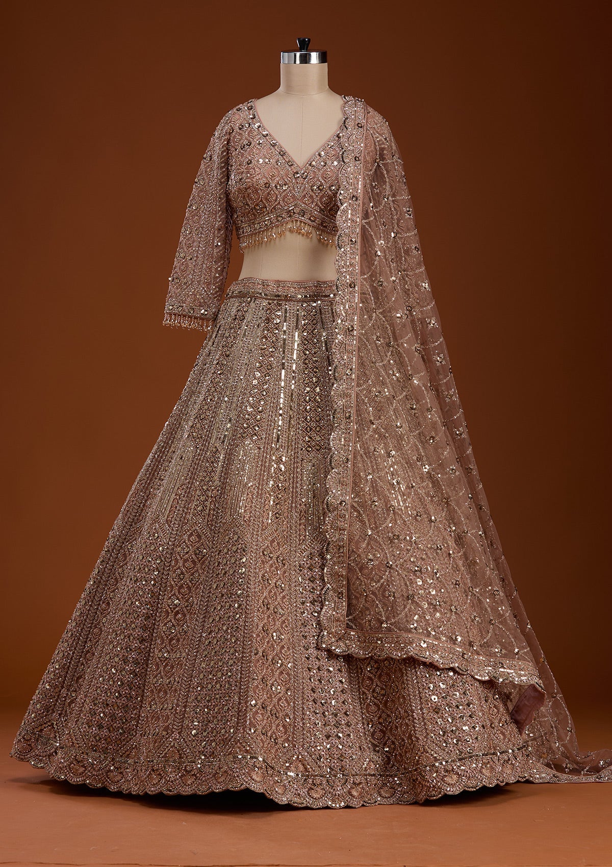 Light Peach Zariwork (Gold) Net Readymade Lehenga-koskii