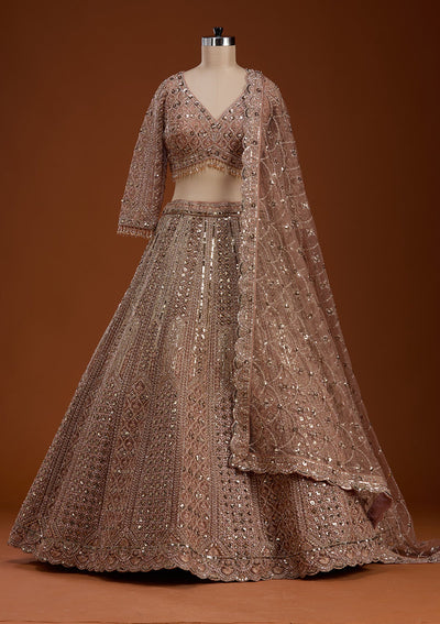 Light Peach Zariwork (Gold) Net Readymade Lehenga-koskii