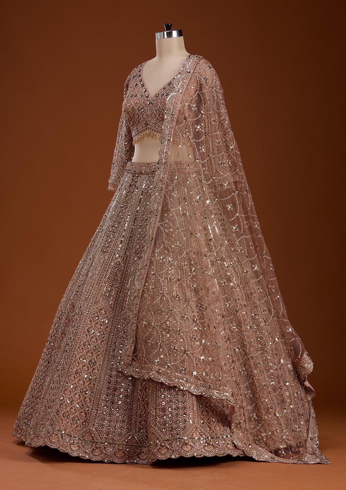 Light Peach Zariwork (Gold) Net Readymade Lehenga-koskii