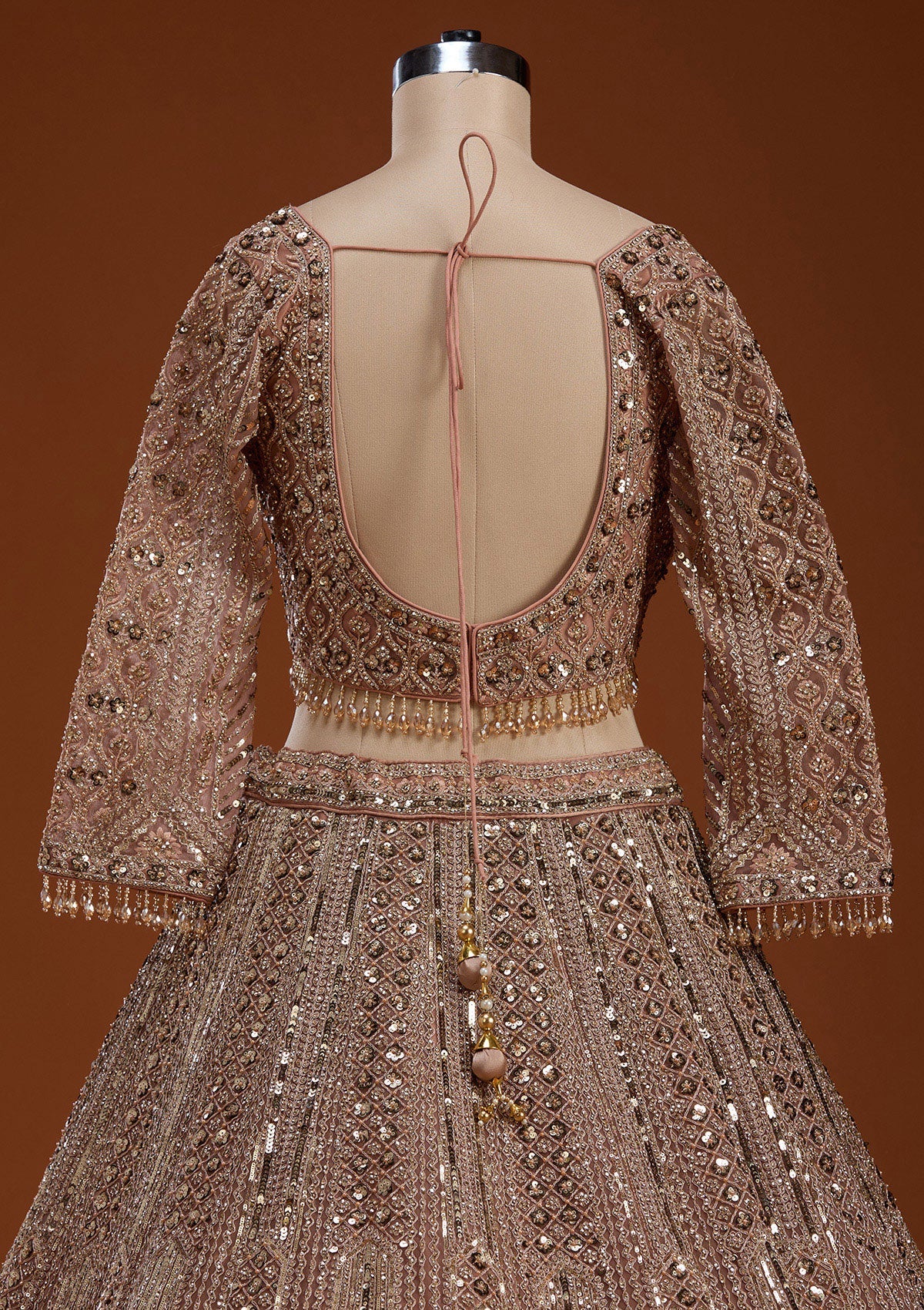 Light Peach Zariwork (Gold) Net Readymade Lehenga-koskii