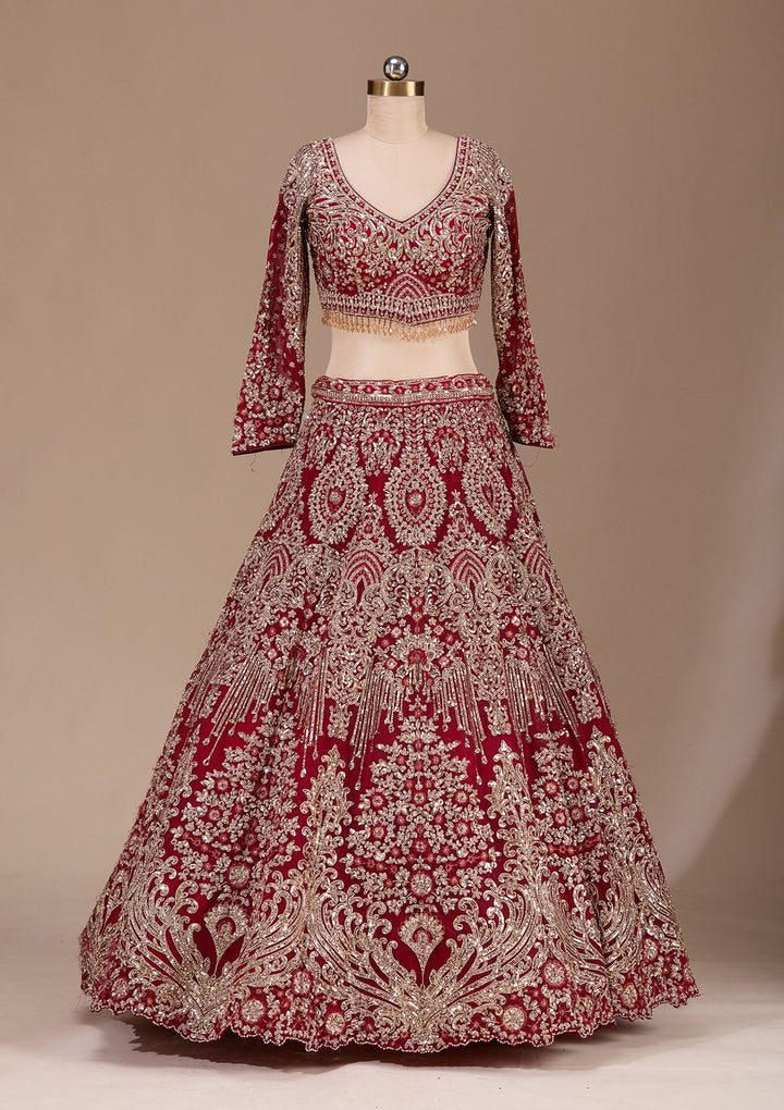 Maroon Sequins Net Readymade Lehenga-Koskii