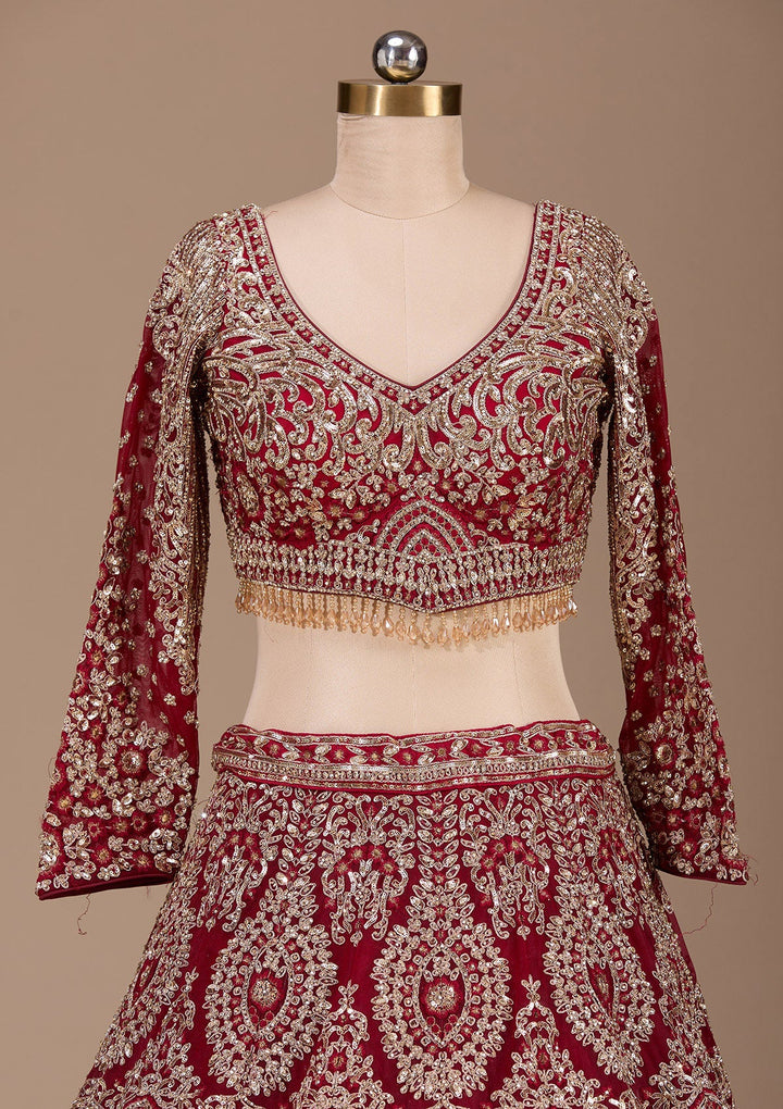 Maroon Sequins Net Readymade Lehenga-Koskii