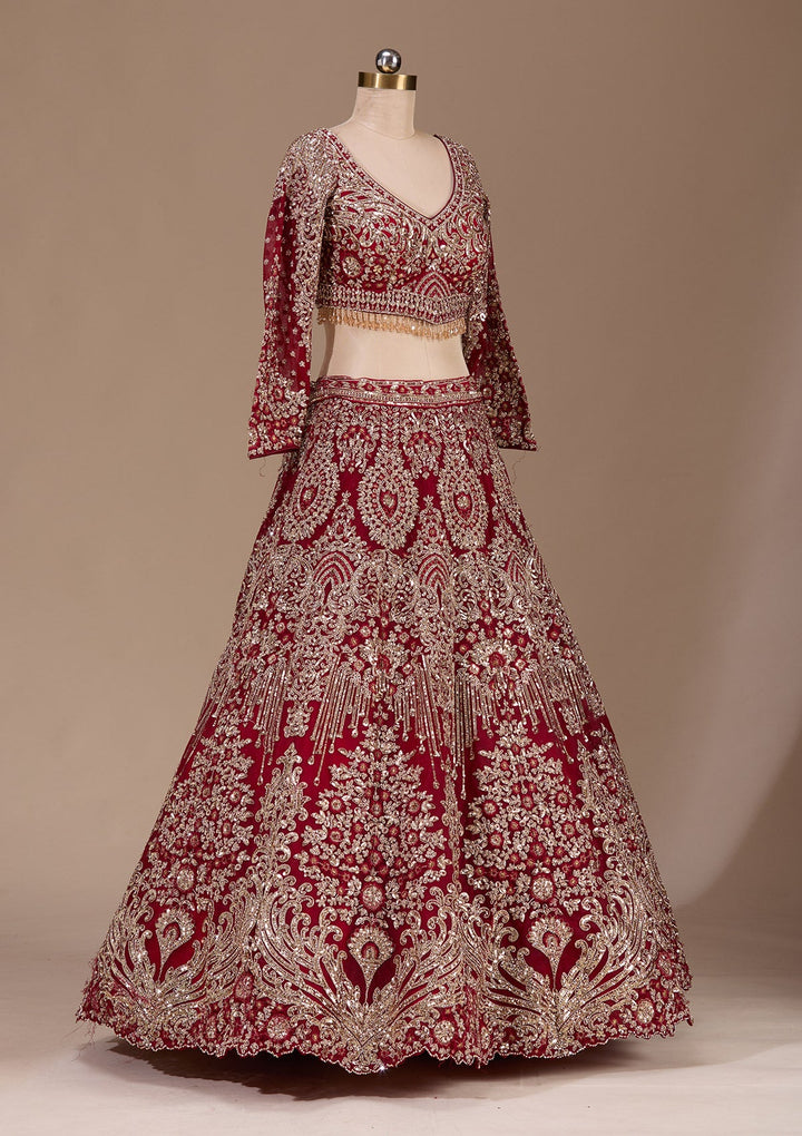 Maroon Sequins Net Readymade Lehenga-Koskii