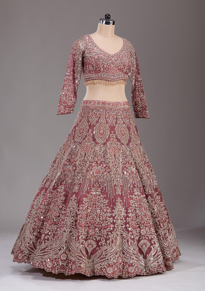 Onion Pink Sequins Net Readymade Lehenga-Koskii