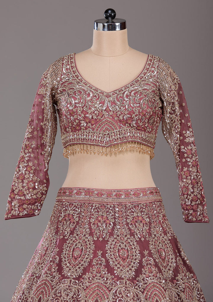 Onion Pink Sequins Net Readymade Lehenga-Koskii