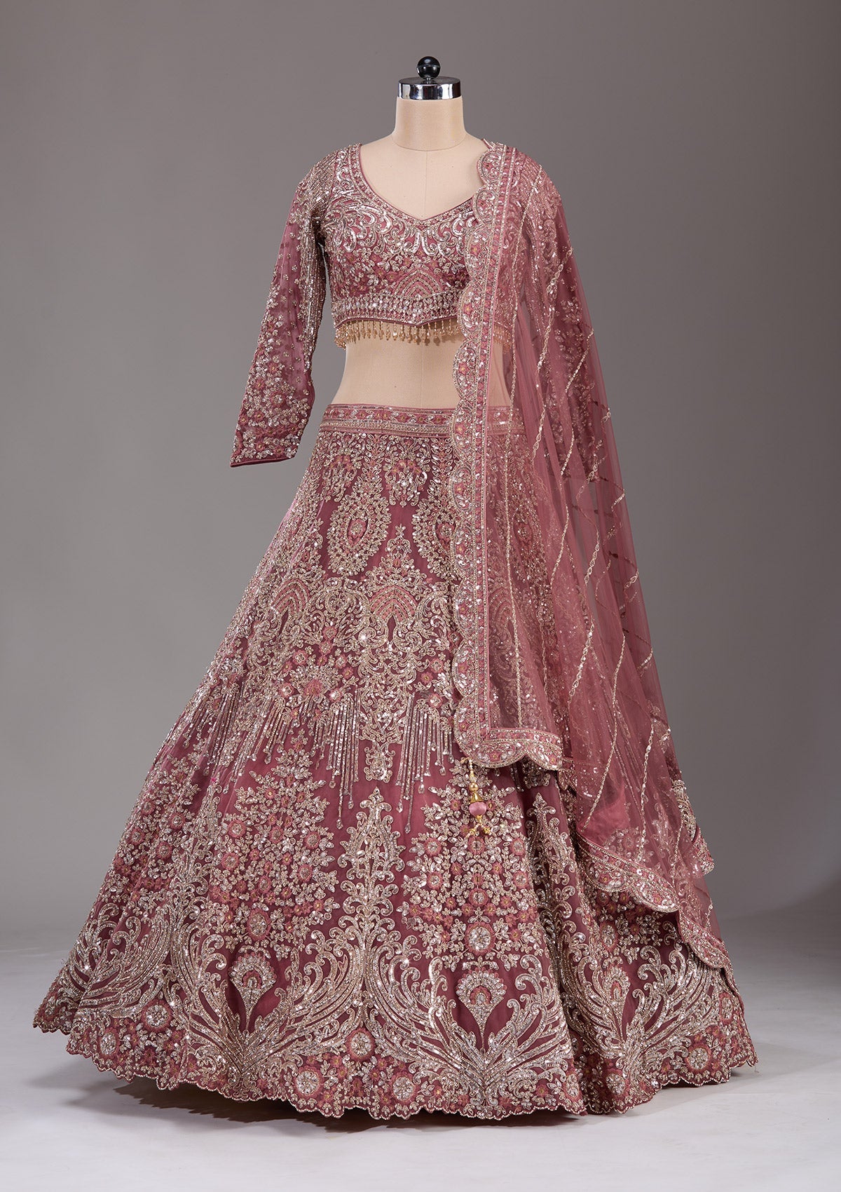 Onion Pink Sequins Net Readymade Lehenga-Koskii