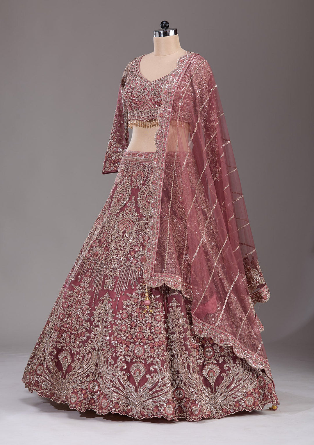Onion Pink Sequins Net Readymade Lehenga-Koskii