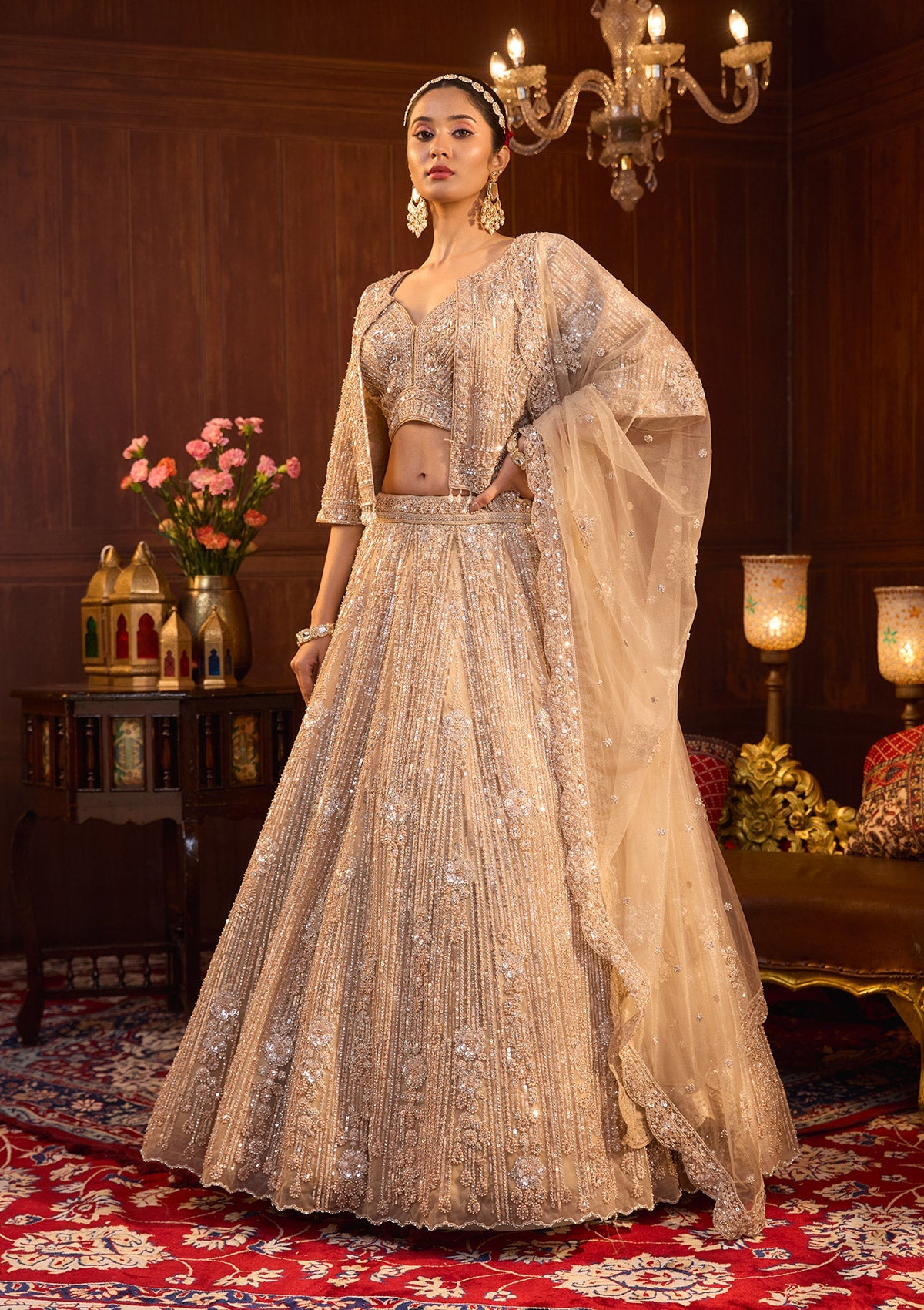 Beige Sequins Net Readymade Lehenga-Koskii