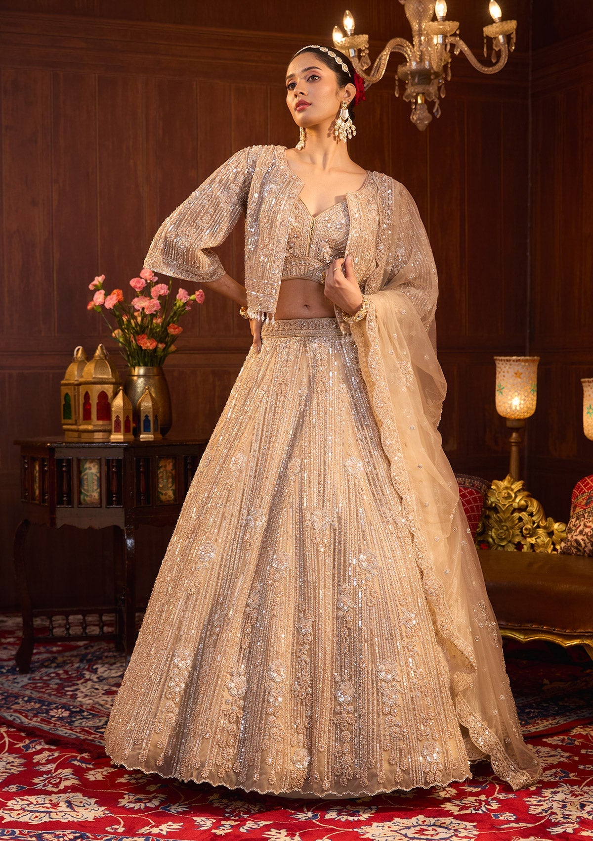 Beige Sequins Net Readymade Lehenga-Koskii