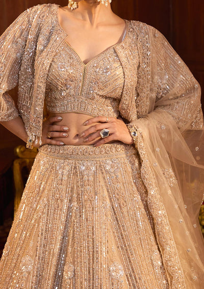 Beige Sequins Net Readymade Lehenga-Koskii