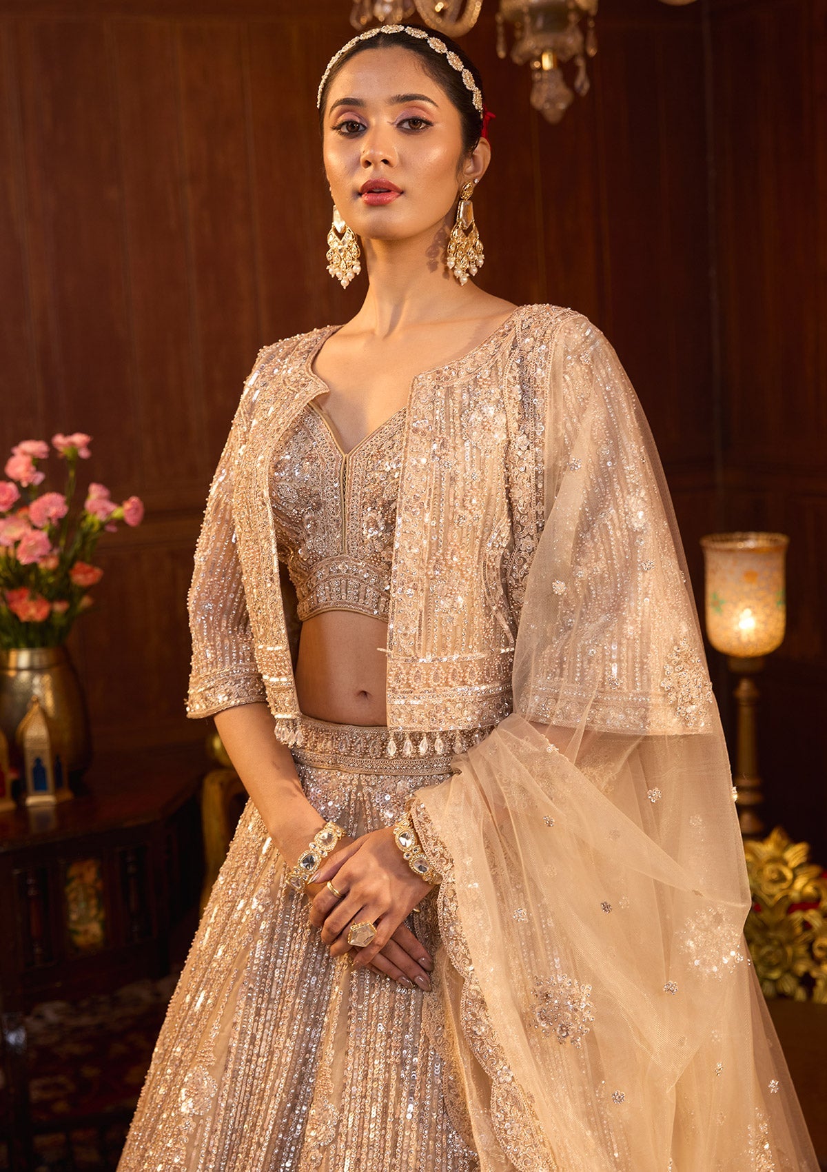 Beige Sequins Net Readymade Lehenga-Koskii