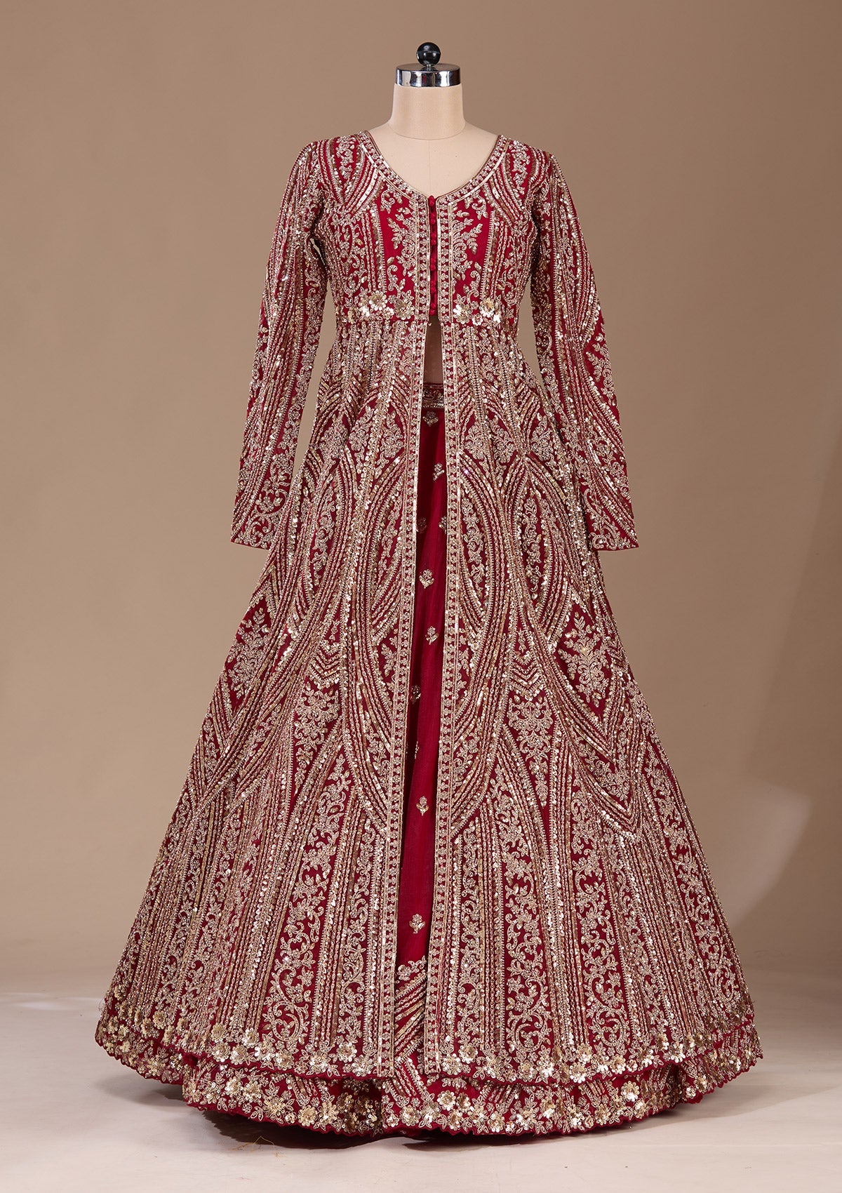 Maroon Sequins Net Readymade Lehenga-Koskii