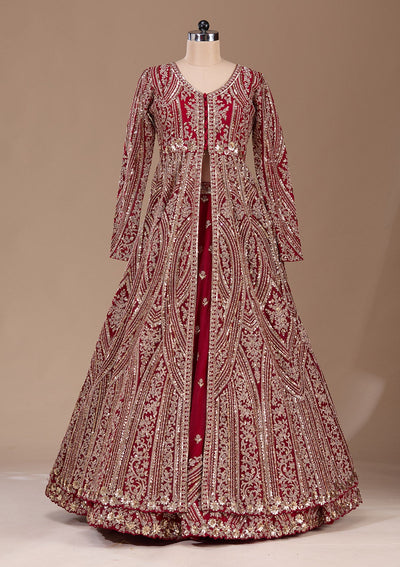 Maroon Sequins Net Readymade Lehenga-Koskii