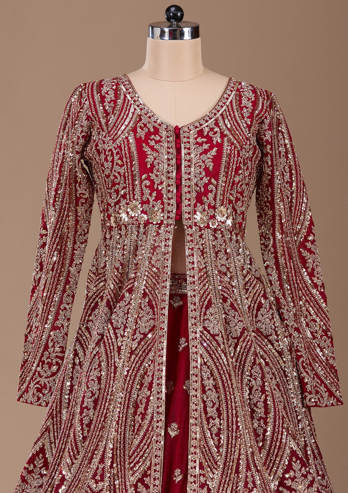 Maroon Sequins Net Readymade Lehenga-Koskii