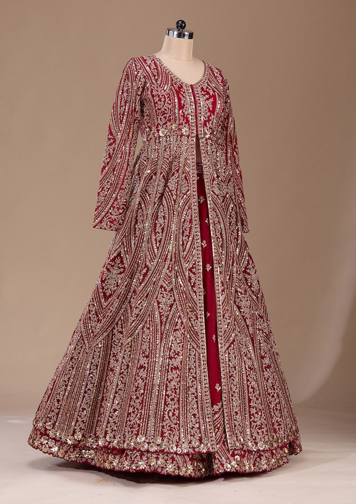 Maroon Sequins Net Readymade Lehenga-Koskii