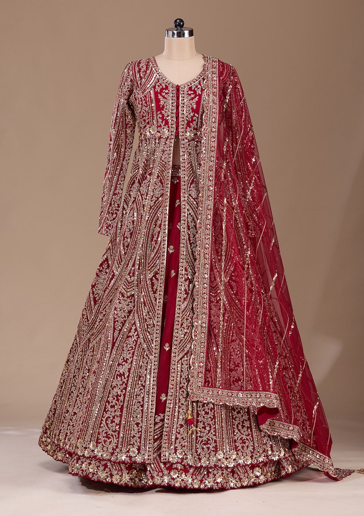 Maroon Sequins Net Readymade Lehenga-Koskii