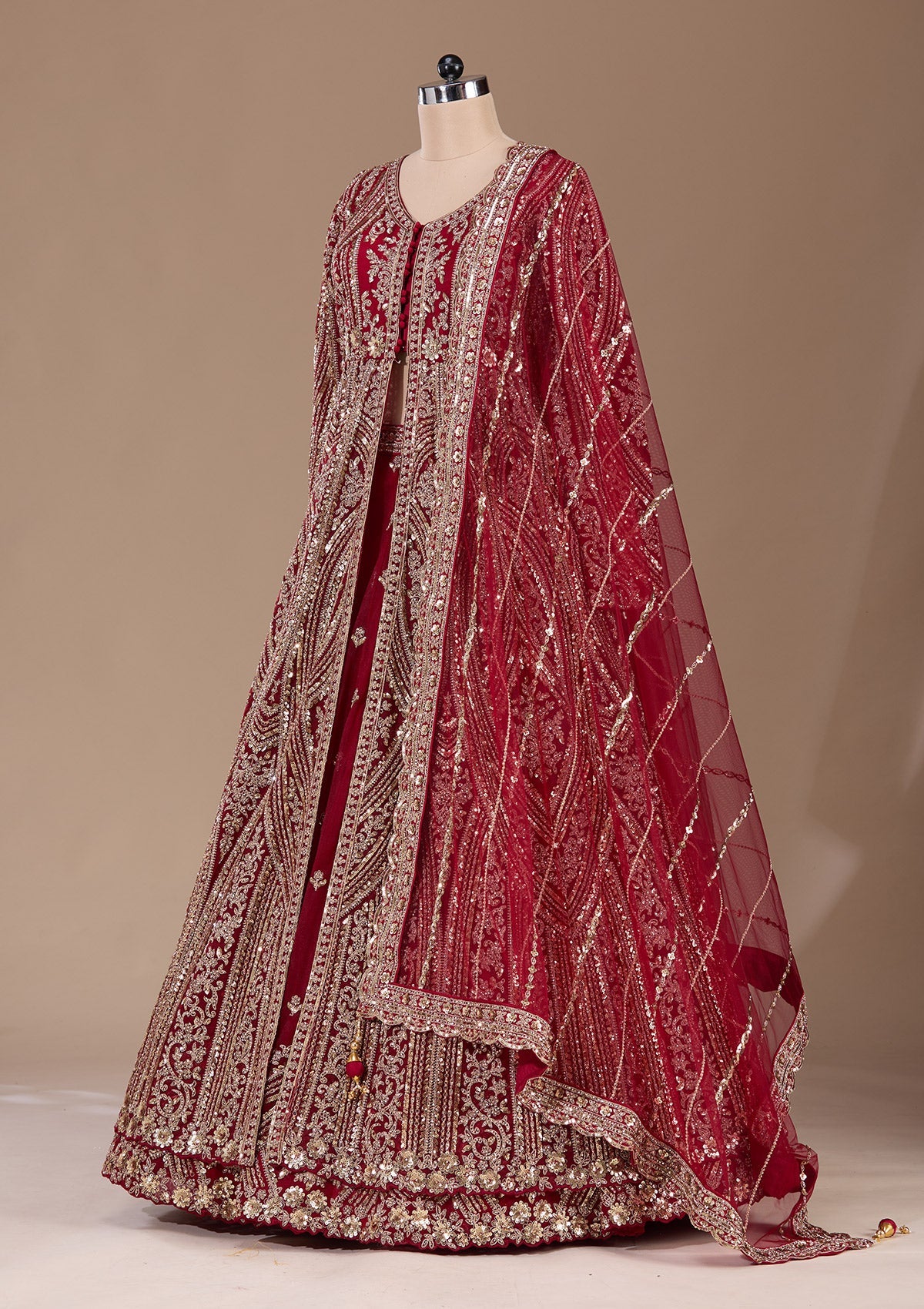 Maroon Sequins Net Readymade Lehenga-Koskii