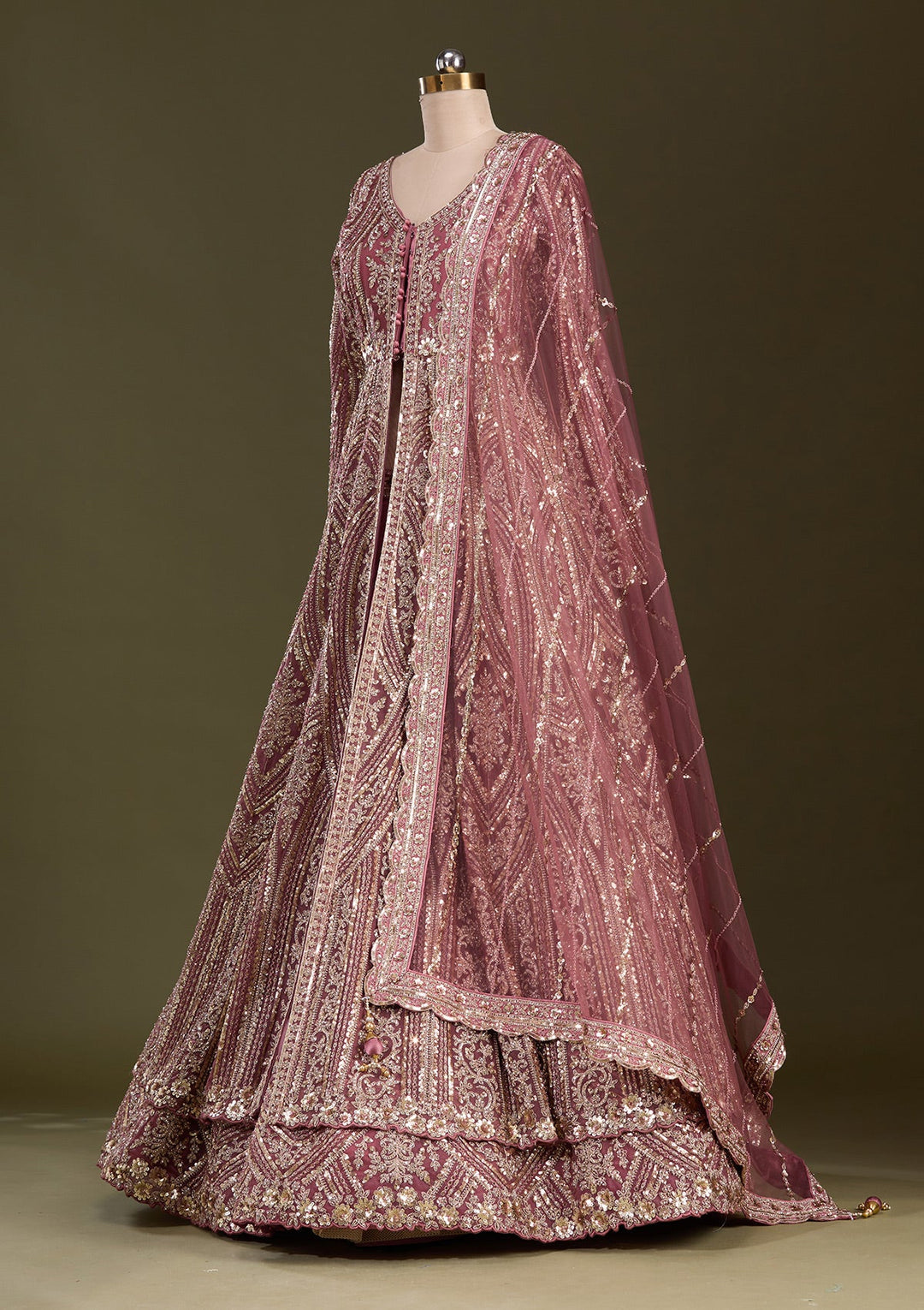 Onion Pink Sequins Net Readymade Lehenga-Koskii
