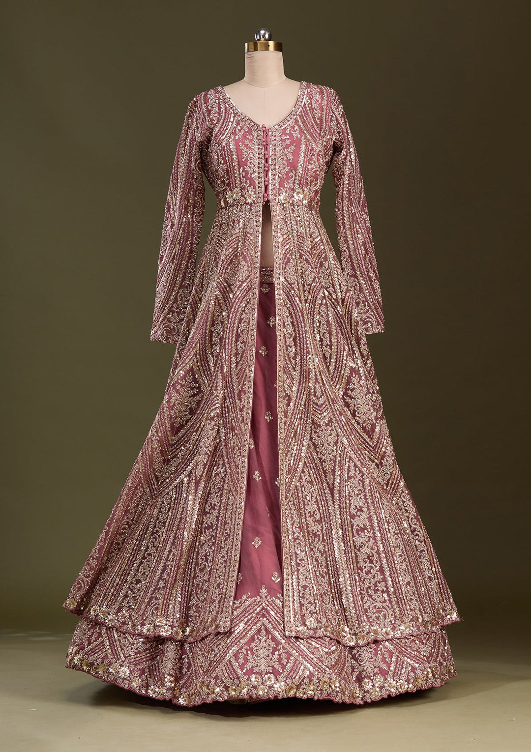 Onion Pink Sequins Net Readymade Lehenga-Koskii