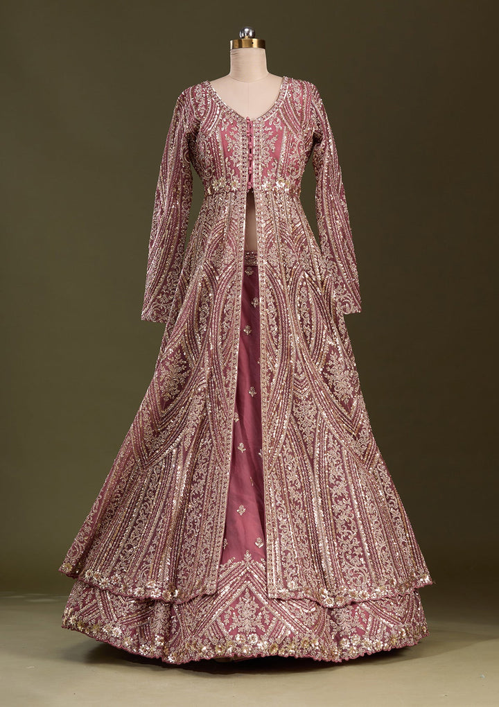 Onion Pink Sequins Net Readymade Lehenga-Koskii