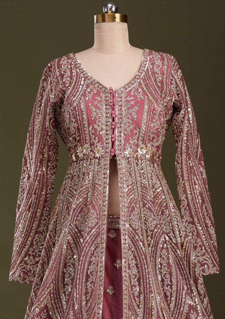 Onion Pink Sequins Net Readymade Lehenga-Koskii