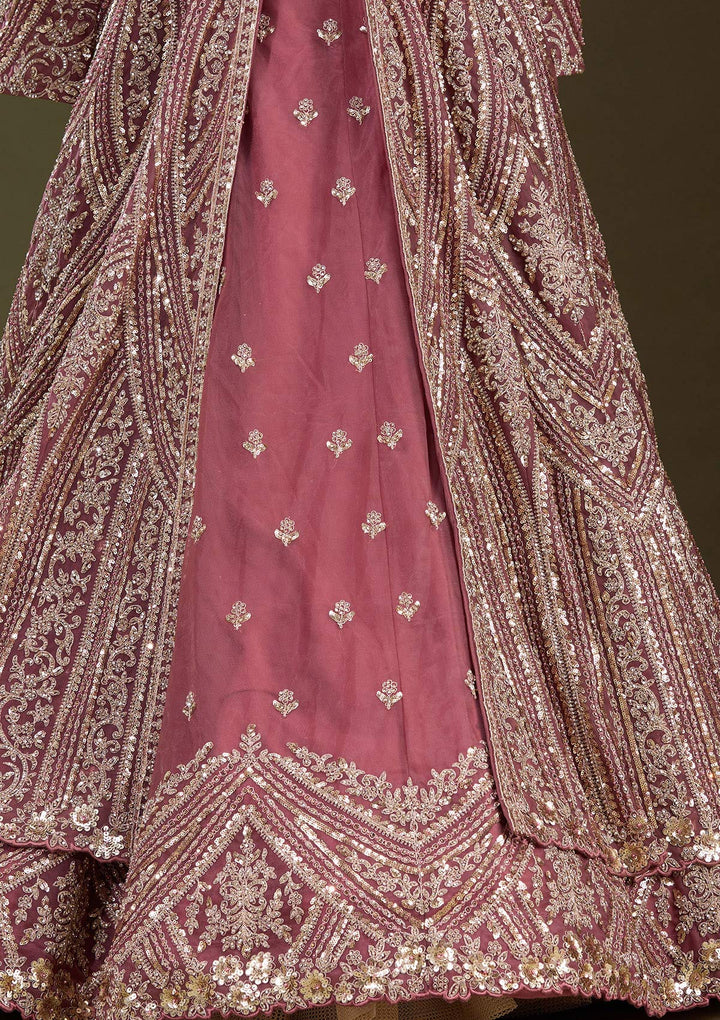 Onion Pink Sequins Net Readymade Lehenga-Koskii