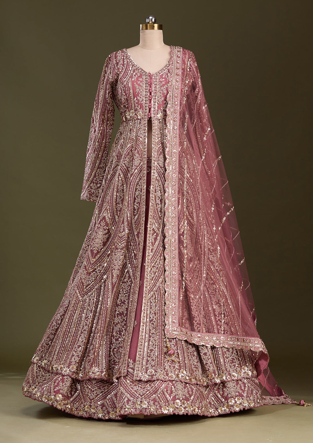 Onion Pink Sequins Net Readymade Lehenga-Koskii