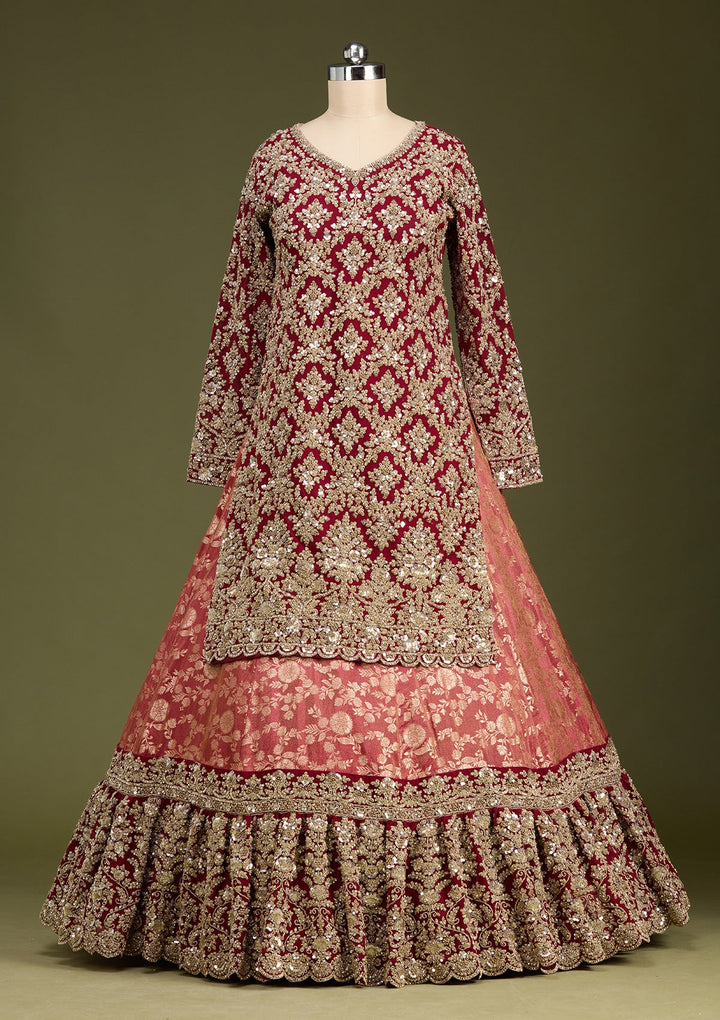 Red Cording Dola Silk Readymade Lehenga