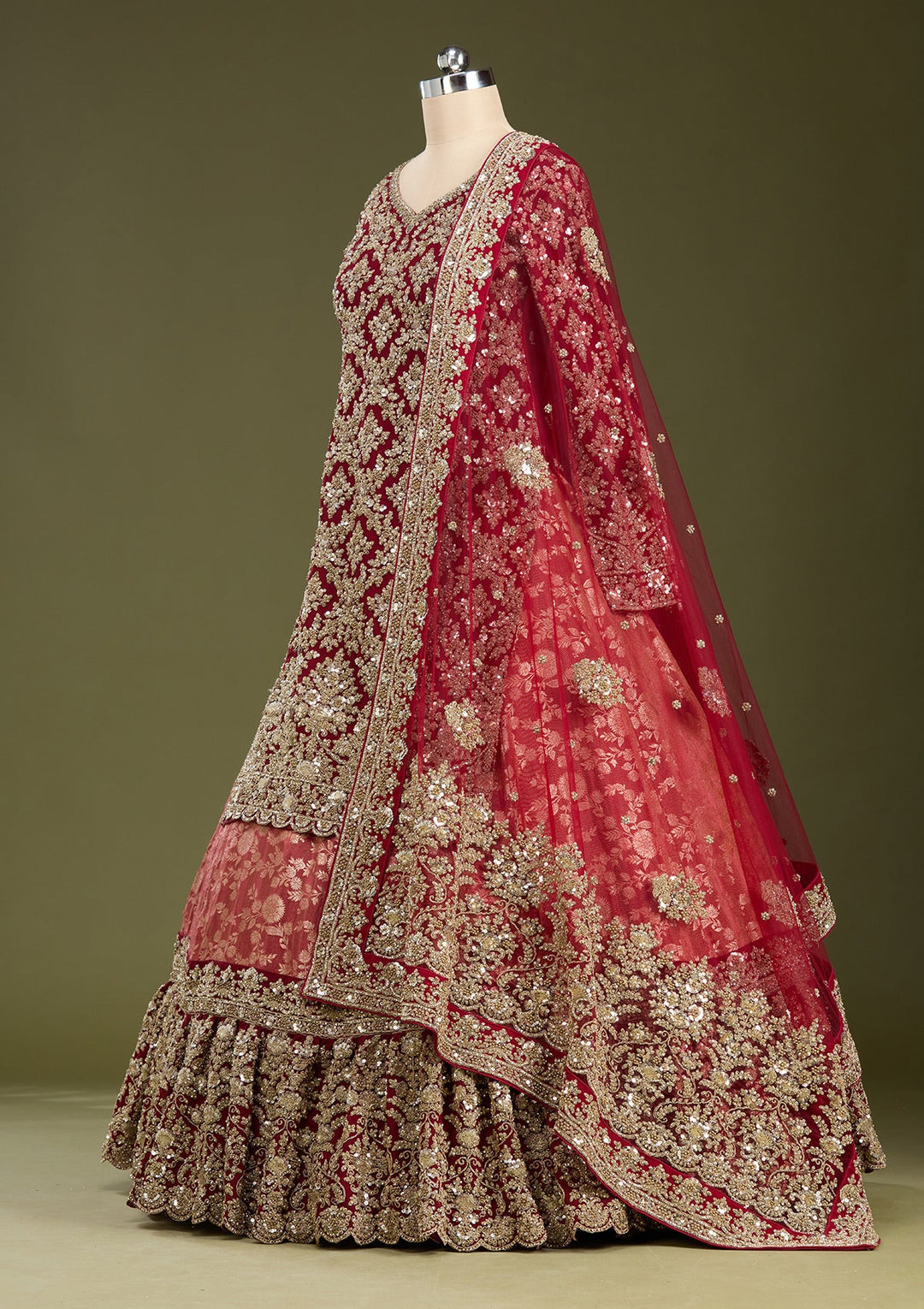 Red Cording Dola Silk Readymade Lehenga