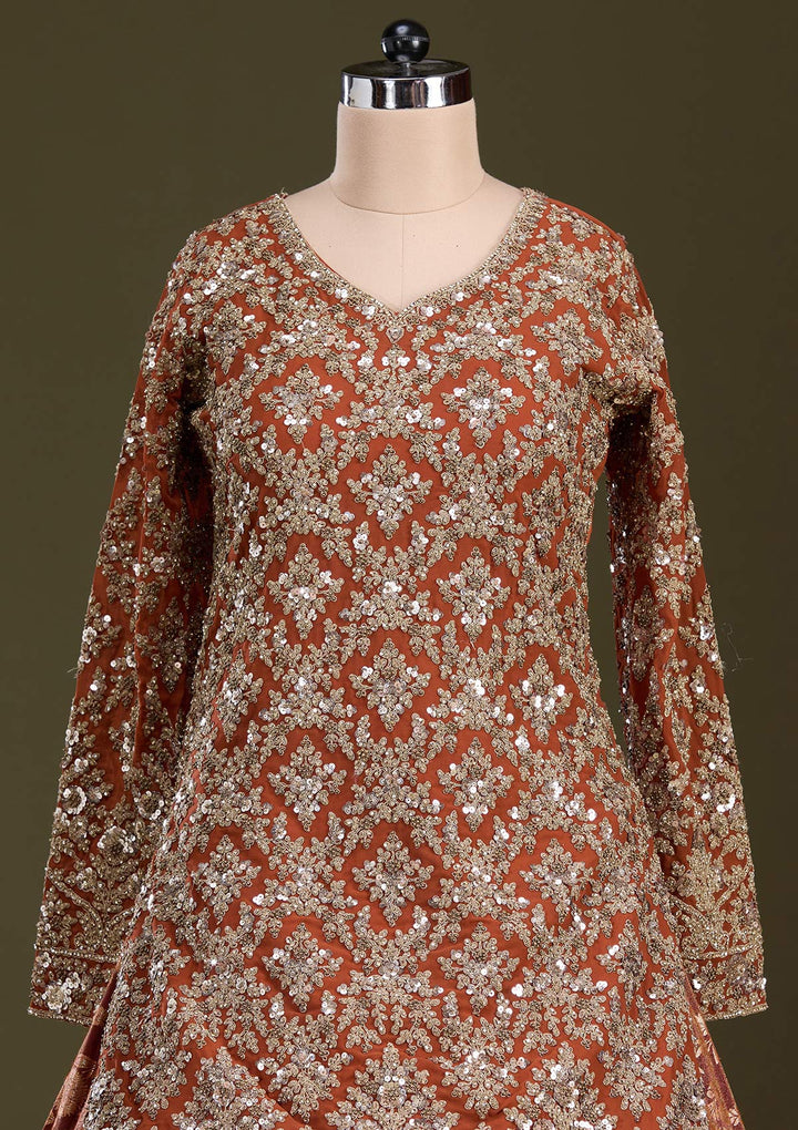 Rust Cording Georgette Readymade Lehenga-Koskii