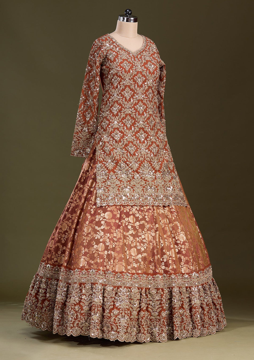 Rust Cording Georgette Readymade Lehenga-Koskii