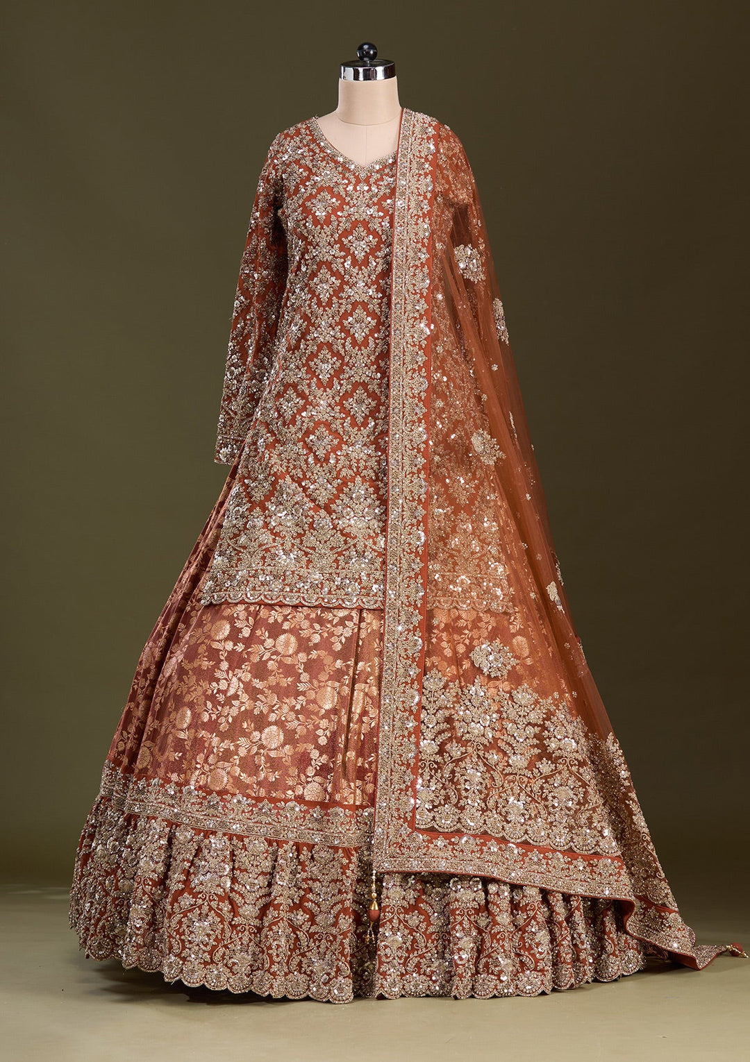 Rust Cording Georgette Readymade Lehenga-Koskii