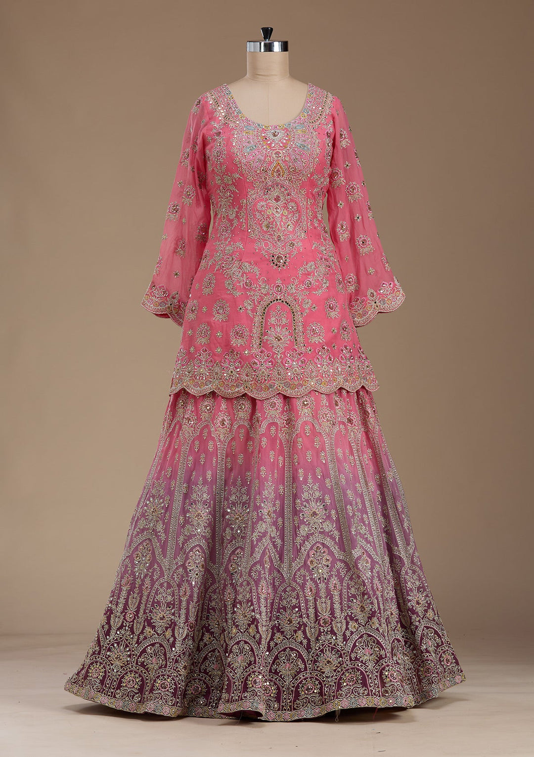 Pink Zariwork Crepe Readymade Lehenga-koskii