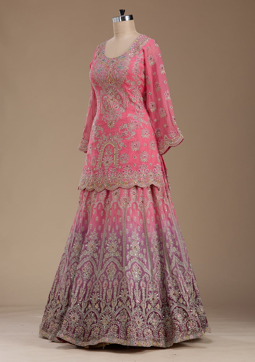 Pink Zariwork Crepe Readymade Lehenga-koskii