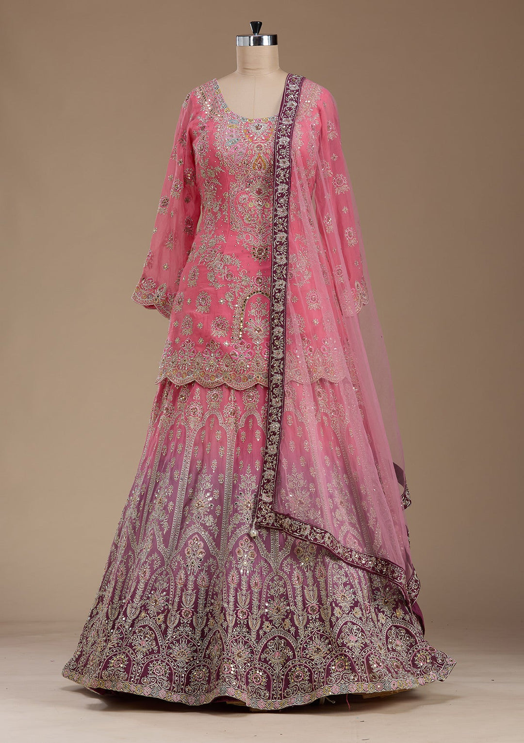 Pink Zariwork Crepe Readymade Lehenga-koskii